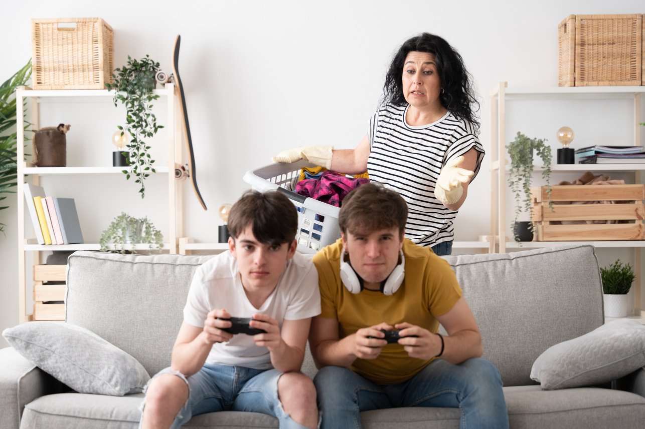 Frustrated woman doing housework alone